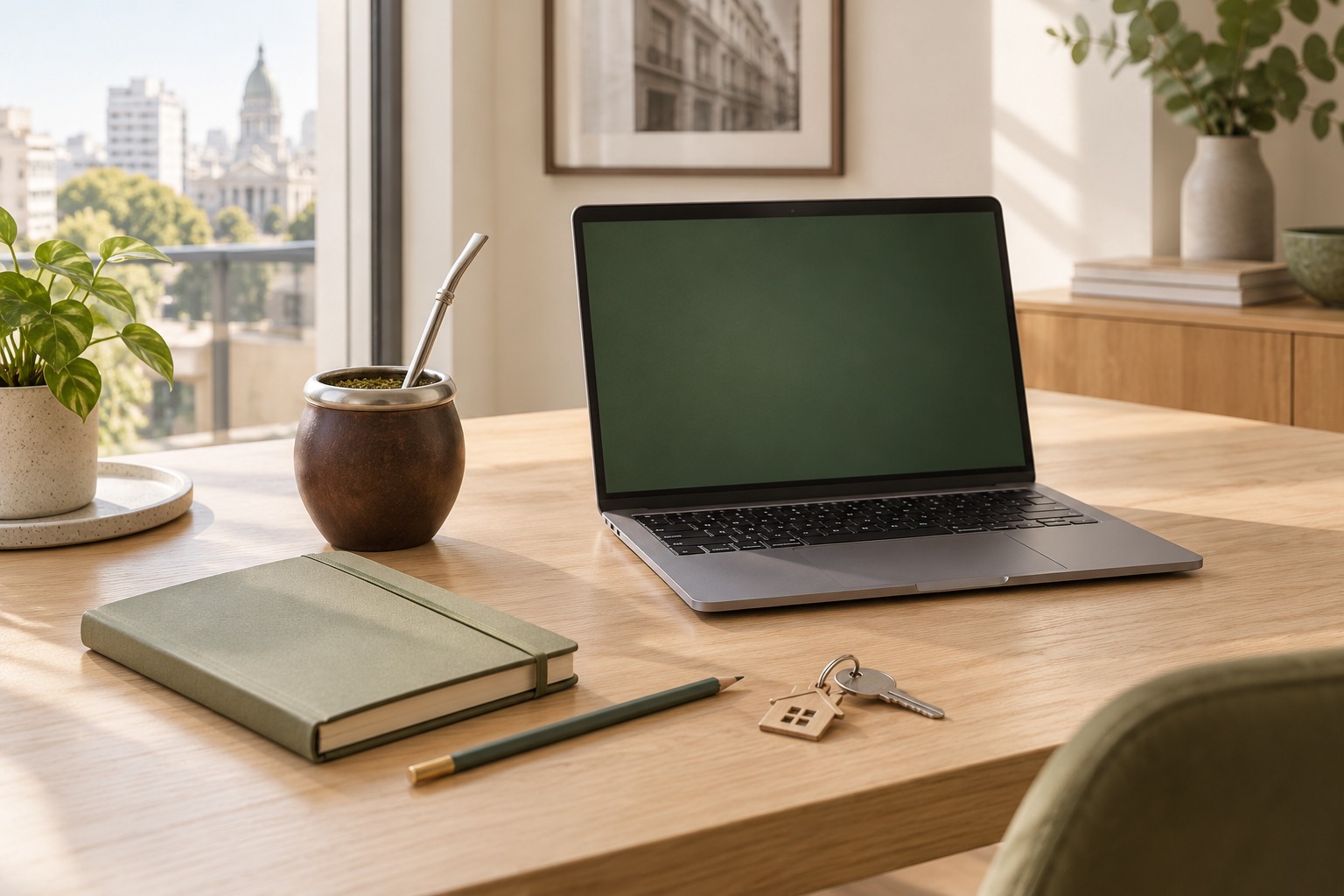 Una computadora, un mate y una libreta en un escritorio prolijo