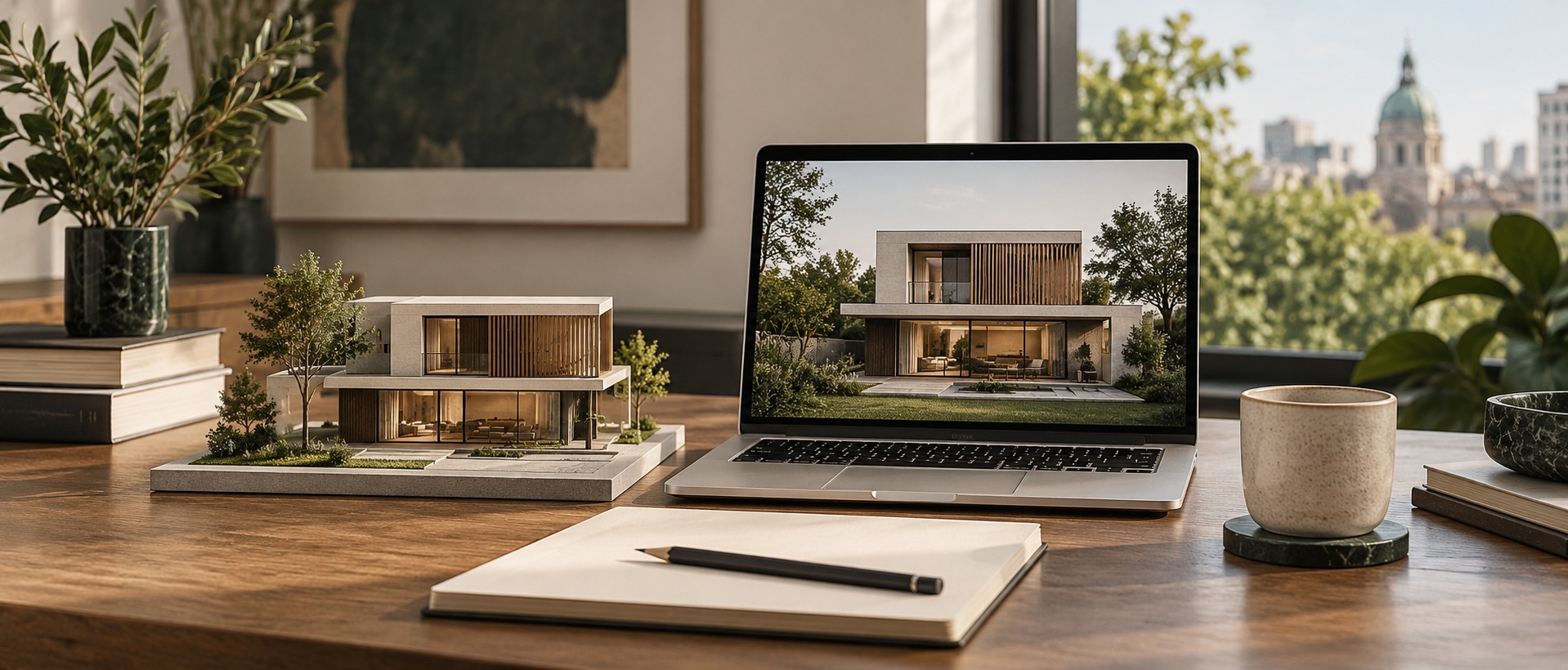 Ilustración de una maqueta de vivienda y una computadora