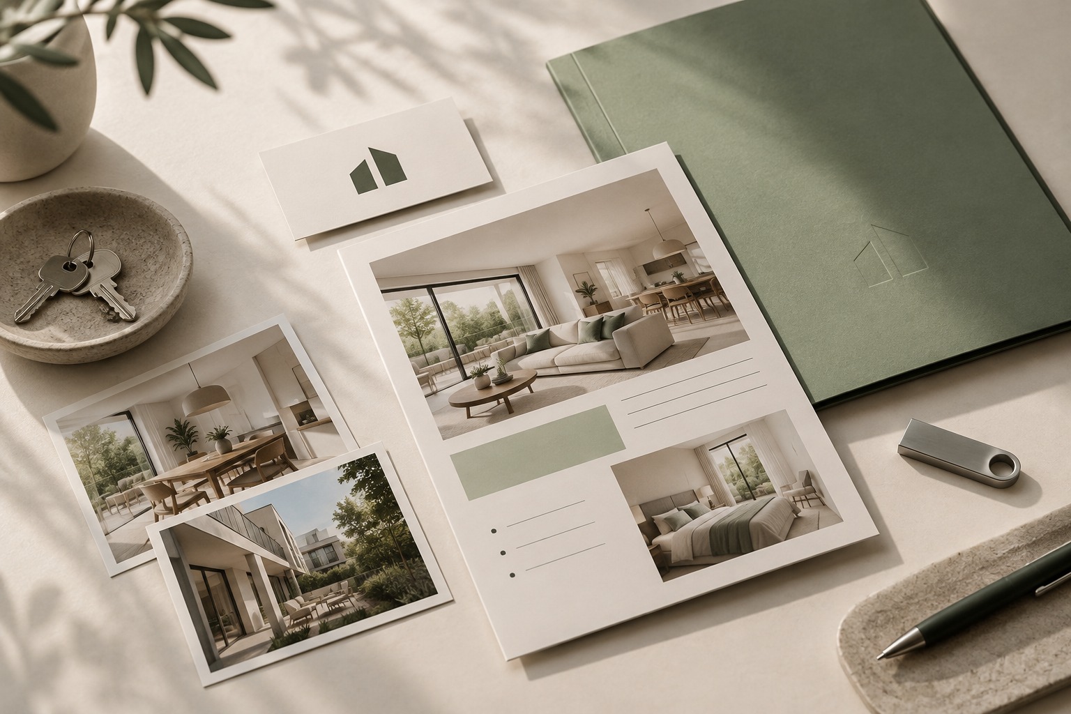 Kit de marca con logo ficticio, carpeta, ficha y fotografías de una propiedad