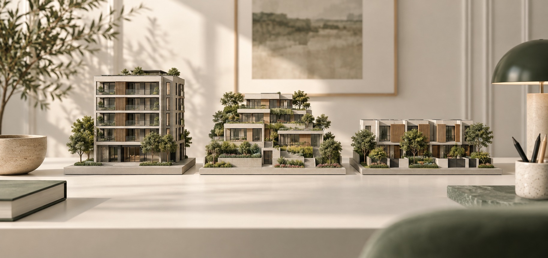 Ilustración de tres maquetas de proyectos inmobiliarios